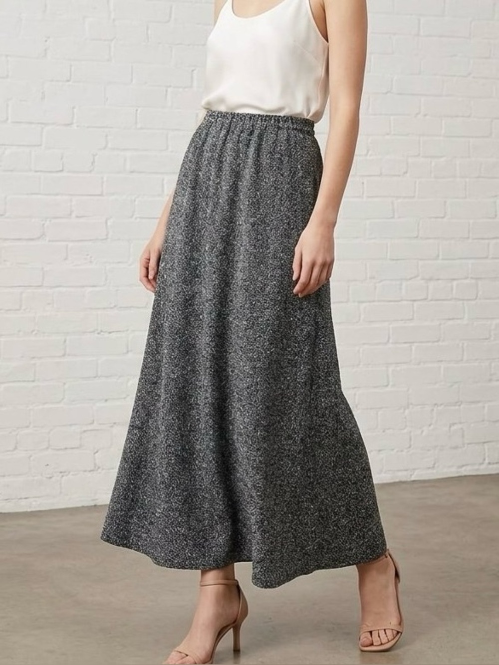 Vintage 90s BFA Classics Gray Black Textured Knit Midi Skirt Elastic Waist L